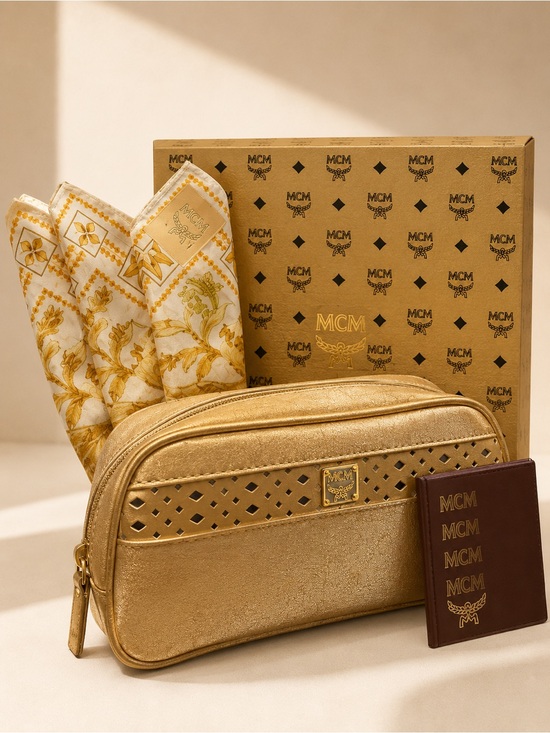 MCM Handbags - MCM Gold Cosmetic Pouch Gift Set Scarf Mirror Box Vintage